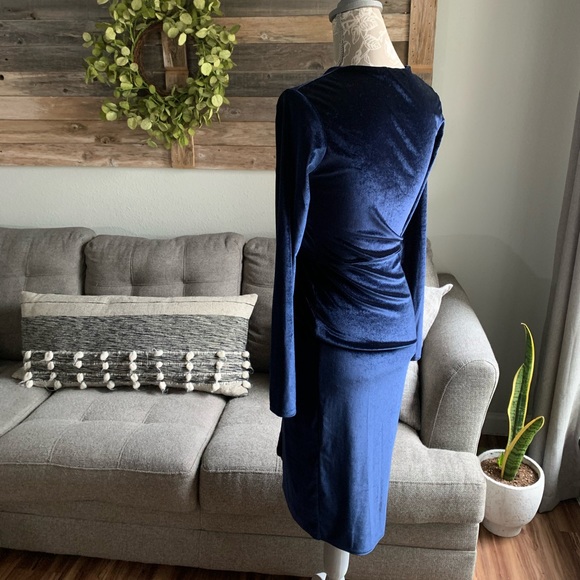 Boohoo Velvet Tie Waist Wrap Midi Dress- Navy - Picture 7 of 14